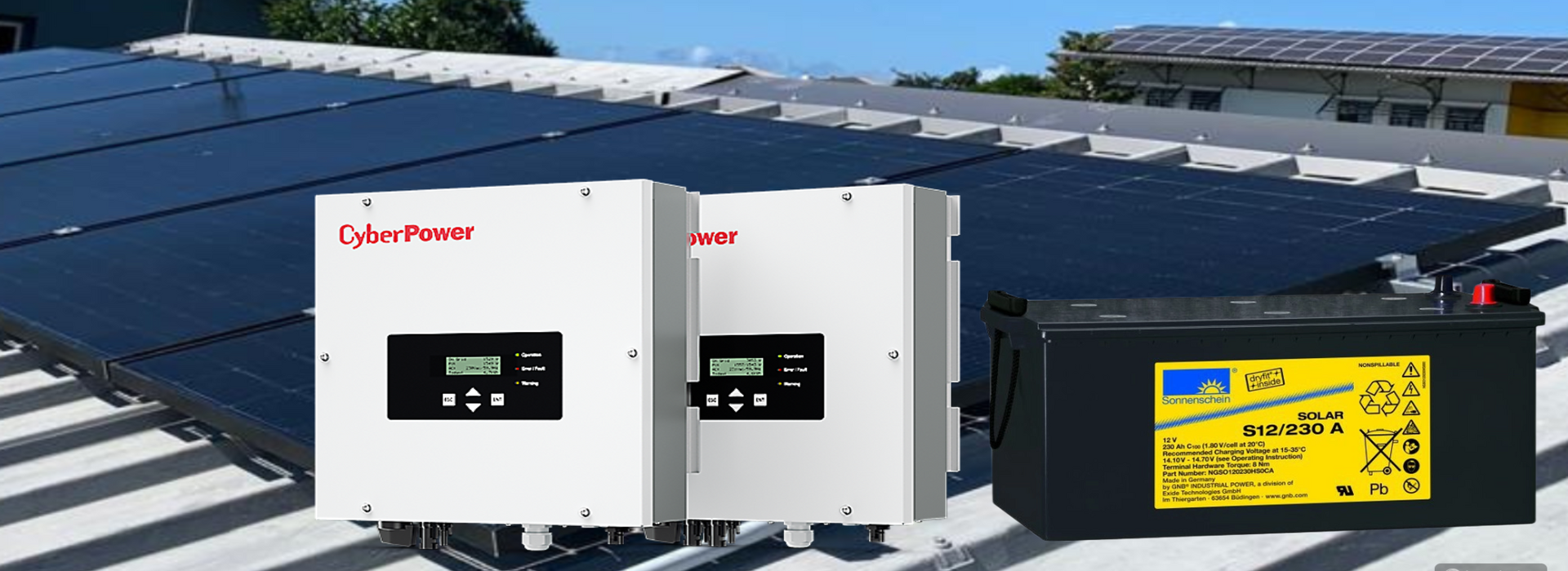 Générateurs photovoltaïques: panneaux, onduleurs grid & hybrides, batteries